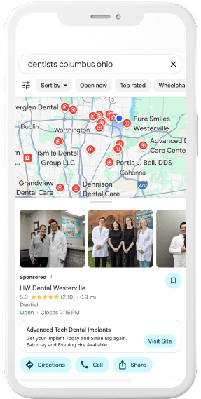 Google Maps local results on a phone