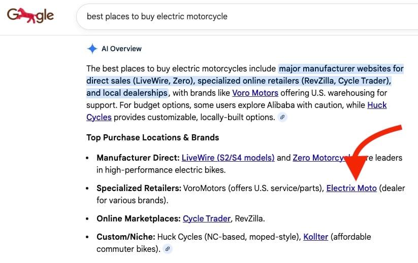 A Google AI Overview citing sources for a product search