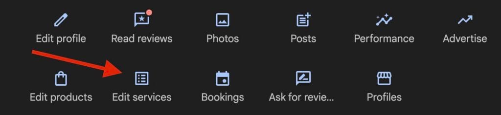 Google Business Profile menu with a red arrow pointing to the Edit services button