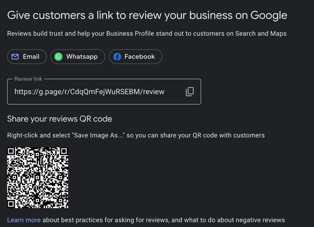 Google Business Profile screen with a review link, Email, Whatsapp and Facebook sharing buttons, and a QR code for customer reviews