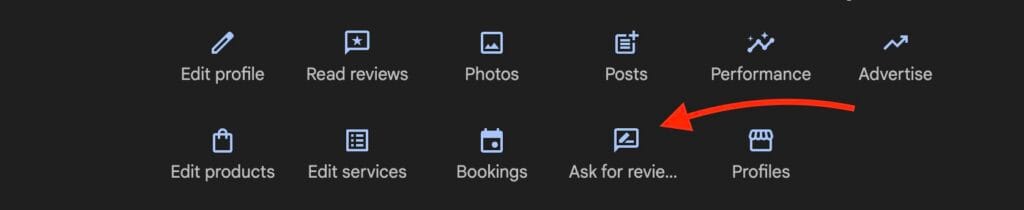 Google Business Profile menu with a red arrow pointing to the Ask for reviews button