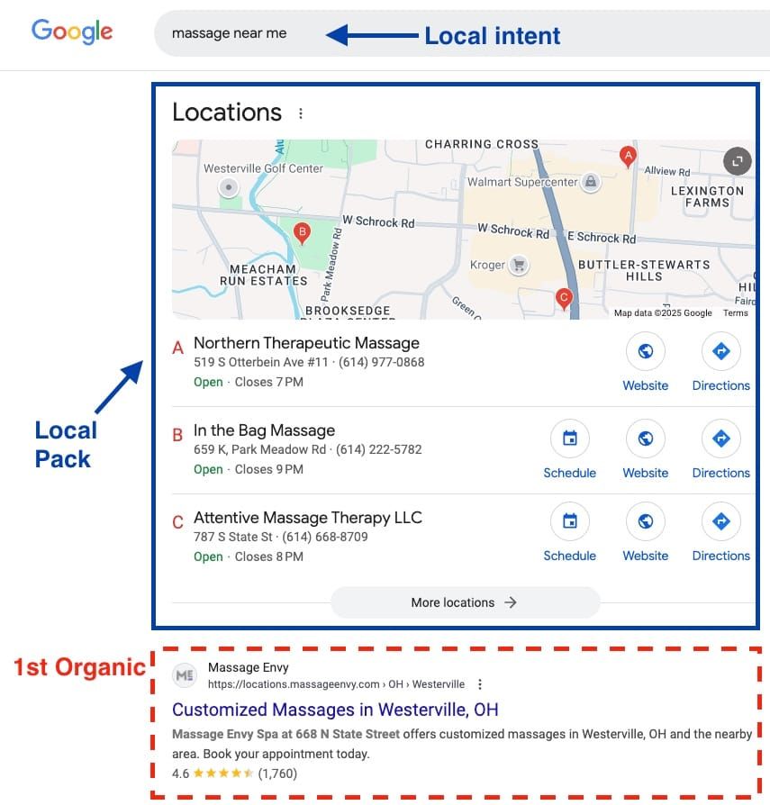example of local seo map pack results on Google for massage therapist