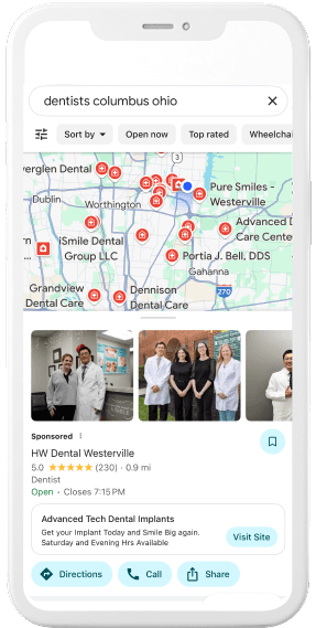 phone showing search results for dentists near me for local seo services