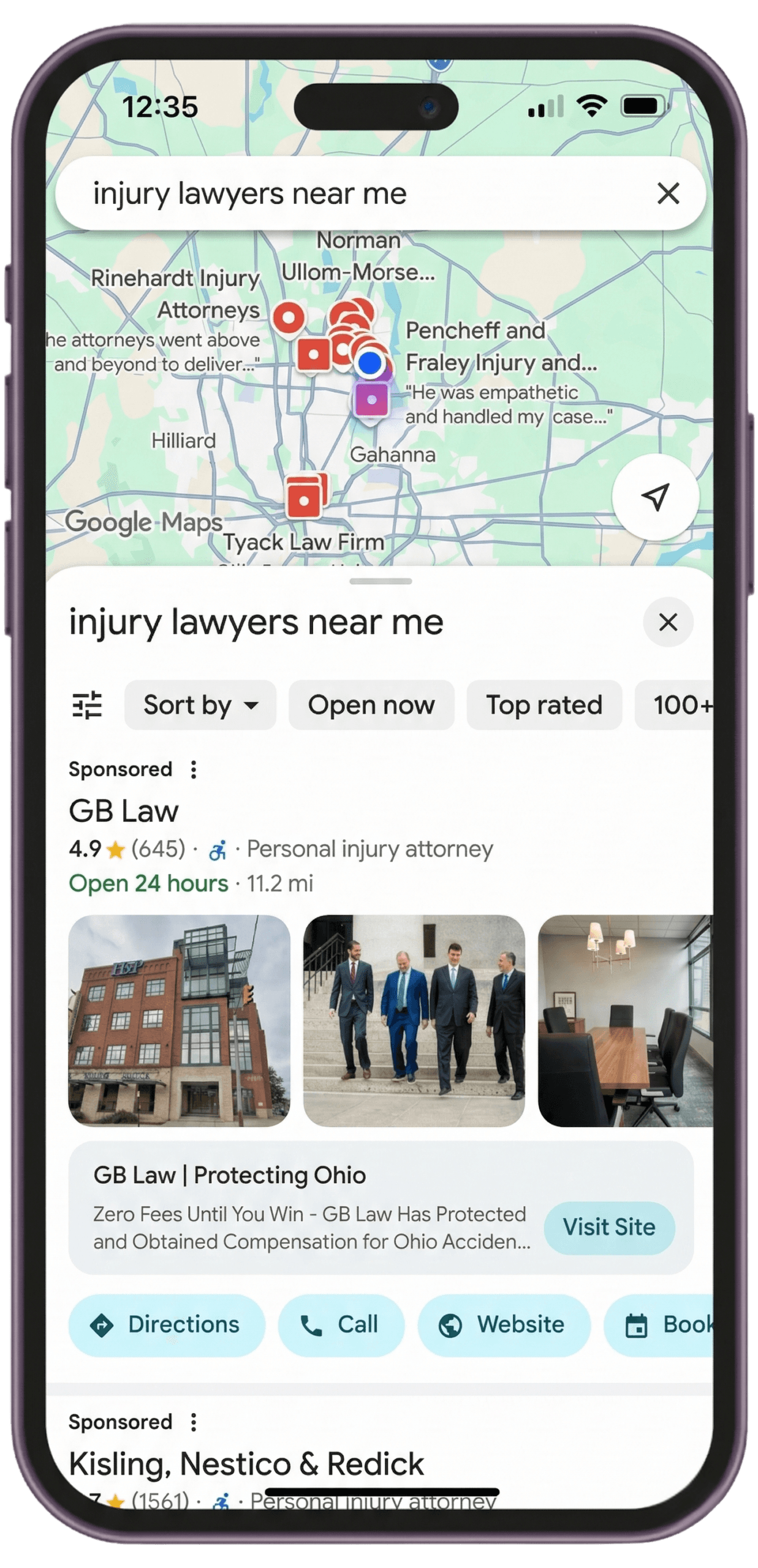 Phone with Google Maps SEO results for personal injury lawyer