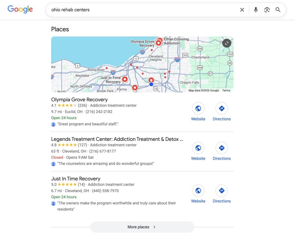 Google search for ohio rehab centers showing a map and three addiction treatment center listings near Cleveland