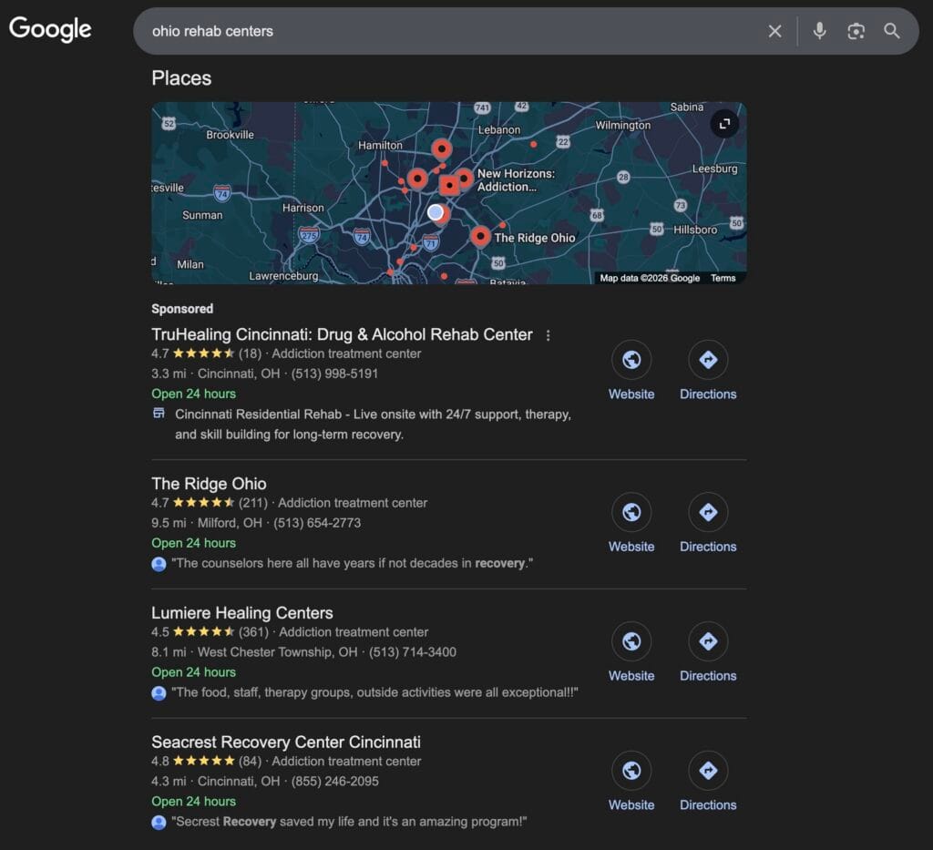 Google search for ohio rehab centers showing a map and sponsored listings for addiction treatment centers near Cincinnati