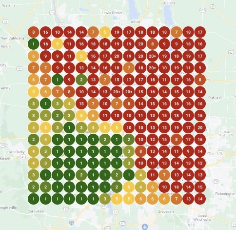 Local rank tracking grid on a map, with numbered circles in green, yellow, orange and red showing ranking positions