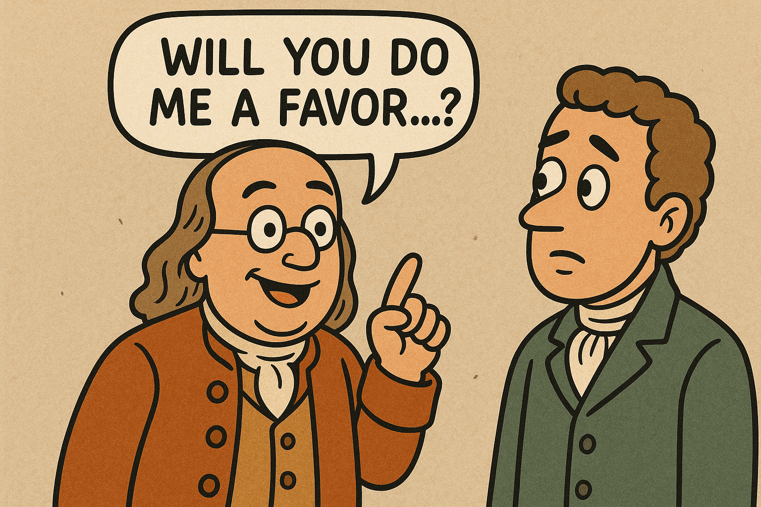 Cartoon of a man in colonial dress asking another man, Will you do me a favor?